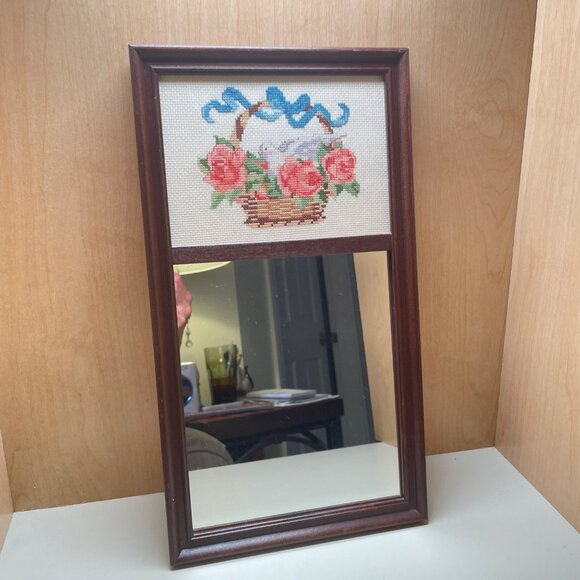 Vintage Wooden Framed Mirror With Handcrafted Cross-Stitch Rose & Dove Design - Picture 15 of 15